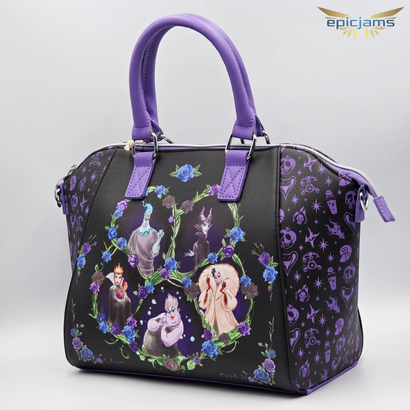 Loungefly Disney Villains Floral Icons Purple Black Crossbody Satchel Bag New - Picture 4 of 7